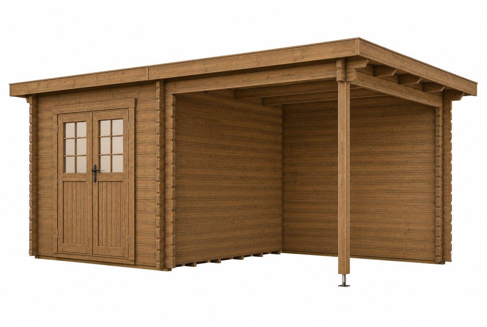 Abri de jardin bois traité autoclave HORIZON 3J - Toit plat avec auvent - 7,31 m² + 8,04 m² - Madriers 28 mm