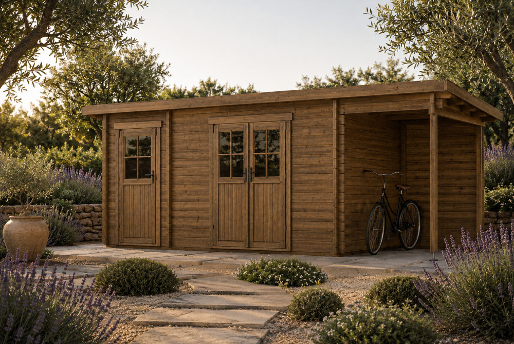 Abri de jardin bois traité autoclave HORIZON 4I - Toit plat avec appentis - 2 pièces - 12,91 m² + 3,98 m² - Madriers 28 mm