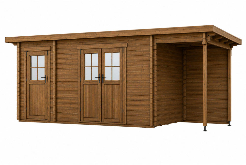 Abri de jardin bois traité autoclave HORIZON 4I - Toit plat avec appentis - 2 pièces - 12,91 m² + 3,98 m² - Madriers 28 mm