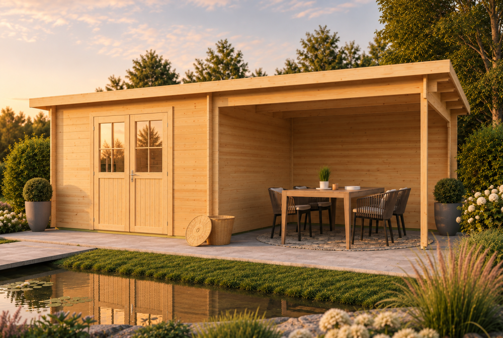 Abri de jardin bois brut HORIZON 4J - Toit plat avec auvent - 8,93 m² + 8,04 m² - Madriers 28 mm