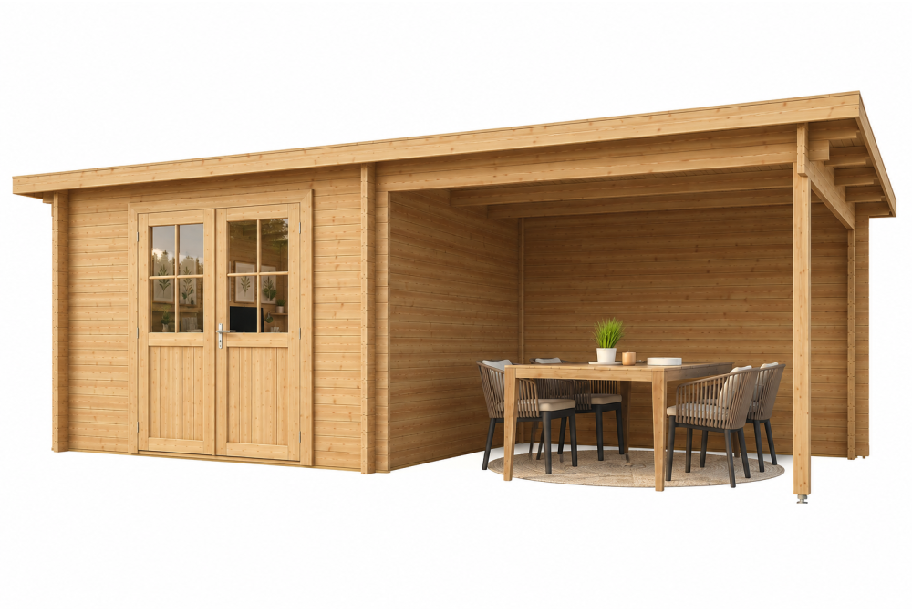 Abri de jardin bois brut HORIZON 4J - Toit plat avec auvent - 8,93 m² + 8,04 m² - Madriers 28 mm