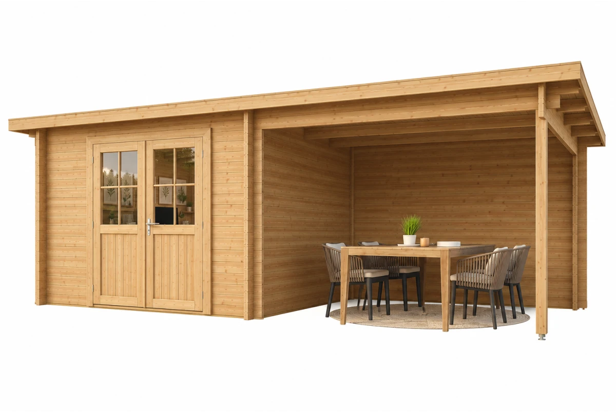 Abri de jardin bois brut HORIZON 4J - Toit plat avec auvent - 8,93 m² + 8,04 m² - Madriers 28 mm