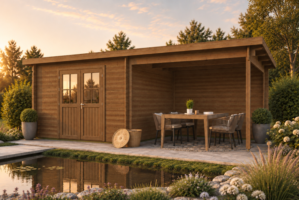 Abri de jardin bois traité autoclave HORIZON 4J - Toit plat avec auvent - 8,93 m² + auvent 8,04 m² - Madriers 28 mm