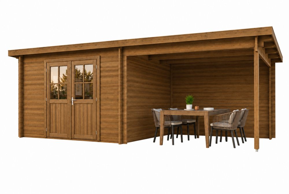 Abri de jardin bois traité autoclave HORIZON 4J - Toit plat avec auvent - 8,93 m² + auvent 8,04 m² - Madriers 28 mm