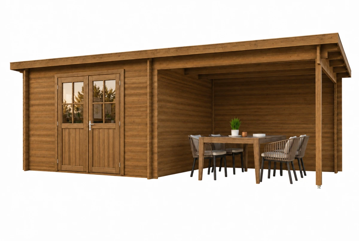 Abri de jardin bois traité autoclave HORIZON 4J - Toit plat avec auvent - 8,93 m² + auvent 8,04 m² - Madriers 28 mm
