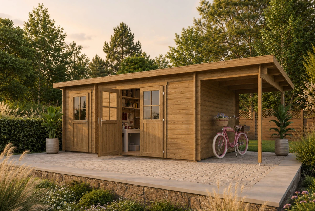 Abri de jardin bois traité autoclave HORIZON 5I - Toit plat avec appentis - 2 pièces - 15,78 m² + 4,98m² - Madriers 28 mm