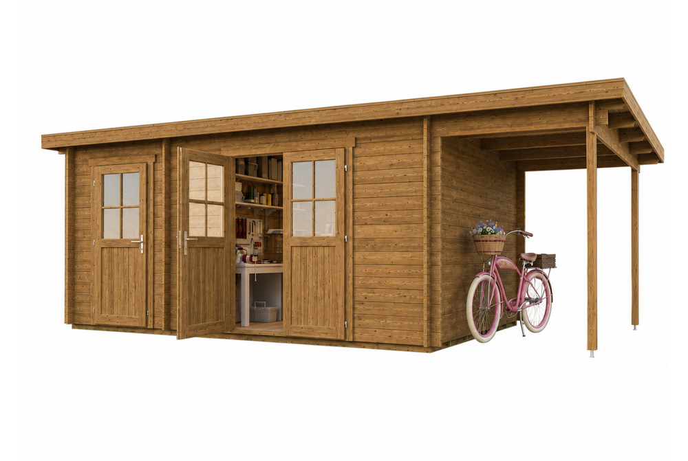 Abri de jardin bois traité autoclave HORIZON 5I - Toit plat avec appentis - 2 pièces - 15,78 m² + 4,98m² - Madriers 28 mm