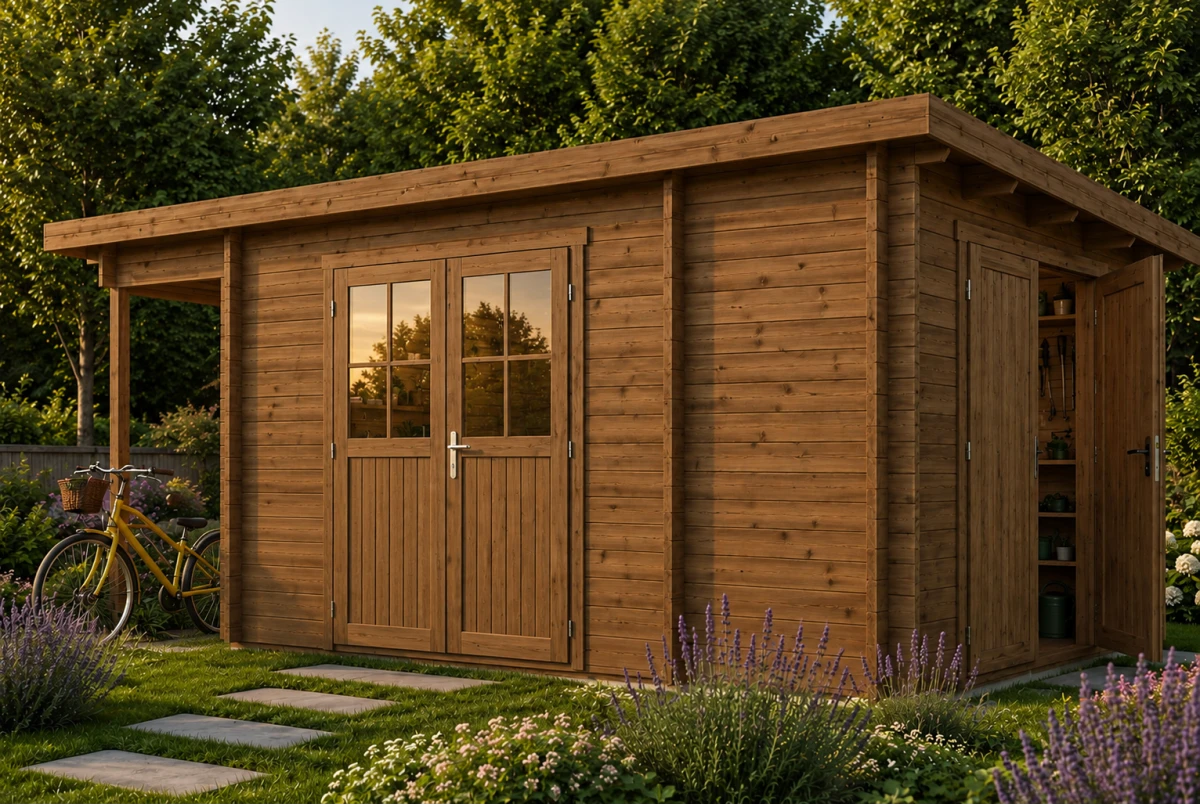 Abri de jardin bois traité autoclave HORIZON 3K - Toit plat avec appentis - 2 pièces - 10,01 m² + 2,70 m²- Madriers 28 mm