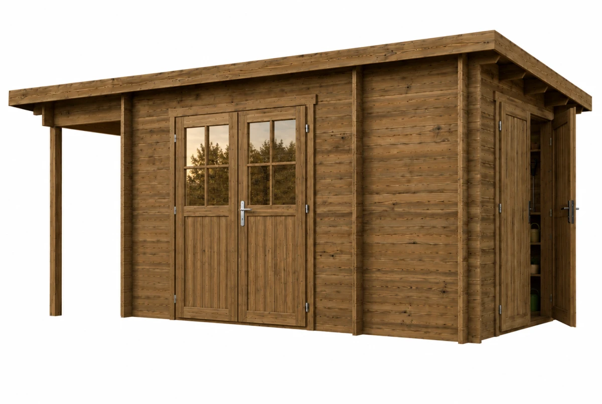 Abri de jardin bois traité autoclave HORIZON 3K - Toit plat avec appentis - 2 pièces - 10,01 m² + 2,70 m²- Madriers 28 mm