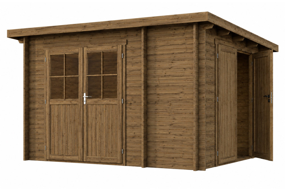 Abri de jardin bois traité autoclave HORIZON 3L - Toit plat - 2 pièces - 10,01 m² - Madriers 28 mm