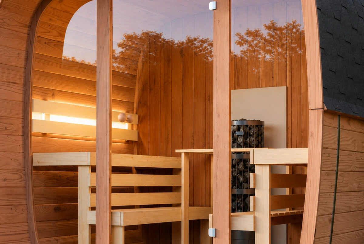 Sauna tonneau extérieur AURORA 3 – 3,84 m² – Bois thermotraité brun – Madriers 40 mm
