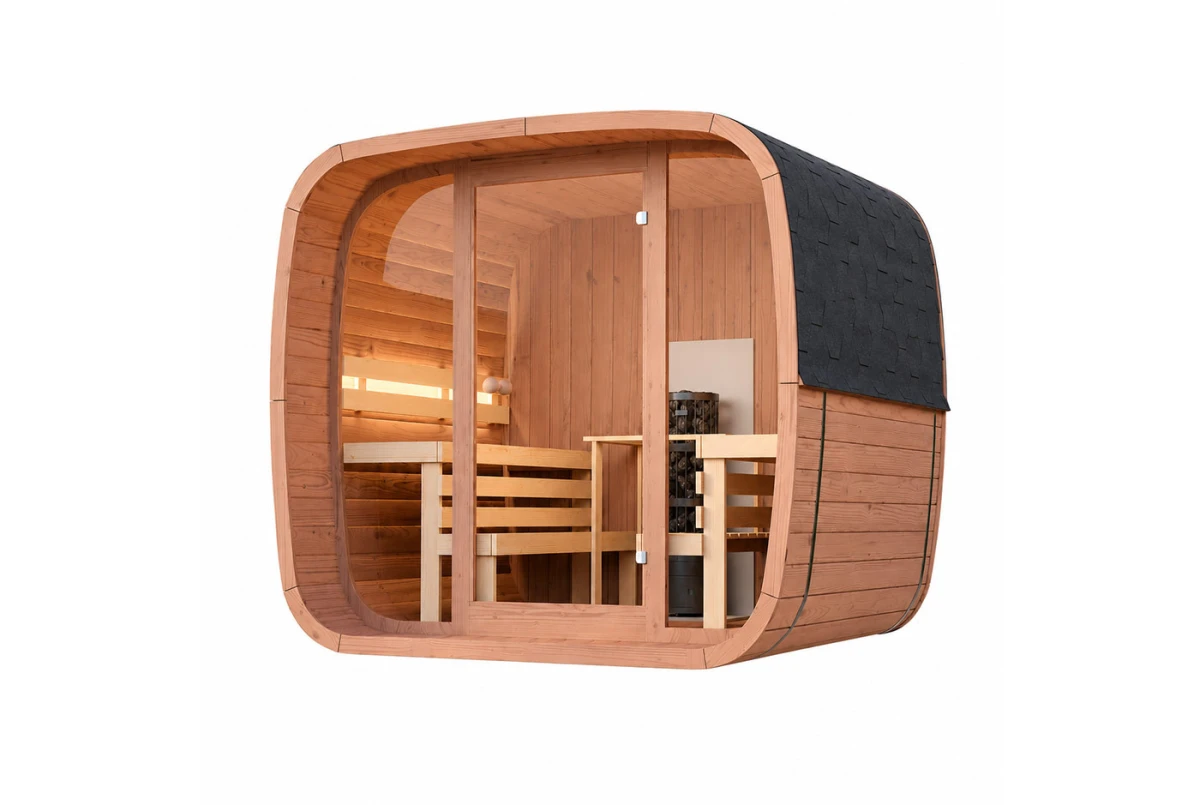 Sauna tonneau extérieur AURORA 3 – 3,84 m² – Bois thermotraité brun – Madriers 40 mm