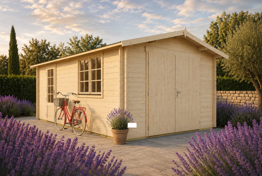 Garage bois brut AURA B - Toit double pente - 1 voiture - 21,32 m² - Madriers 44 mm