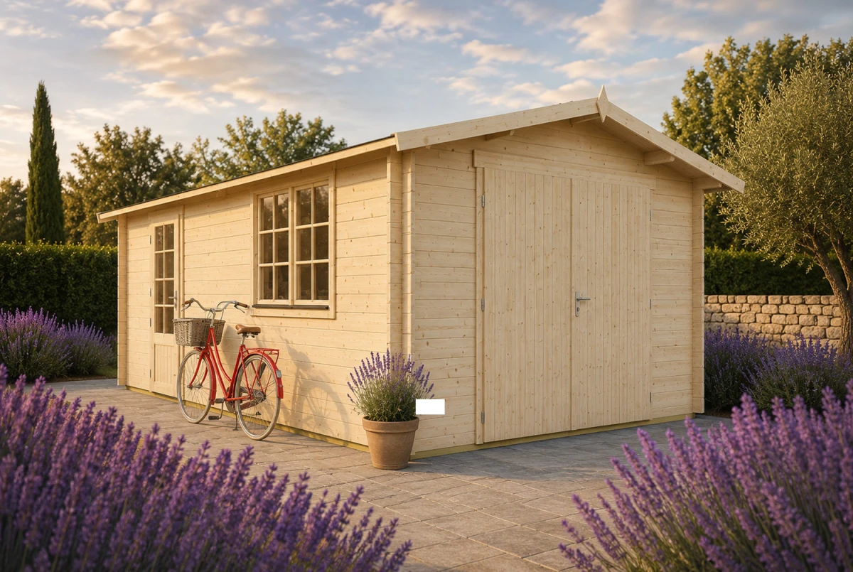 Garage bois brut AURA B - Toit double pente - 1 voiture - 21,32 m² - Madriers 44 mm