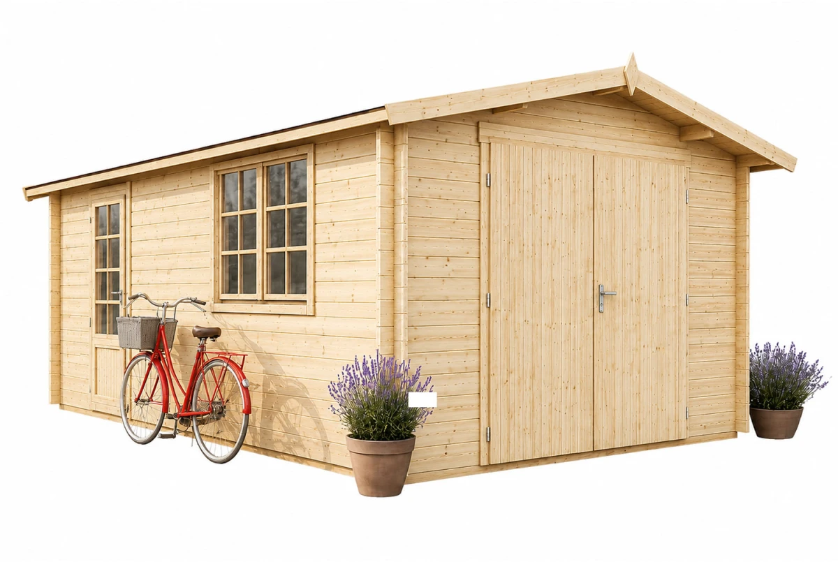 Garage bois brut AURA B - Toit double pente - 1 voiture - 21,32 m² - Madriers 44 mm