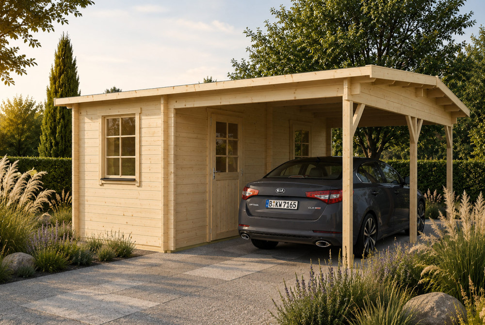 Carport 1 voiture bois brut NOTOS - double pente - 2 pièces - 10,74 m² + 15,60 m² - 44 mm