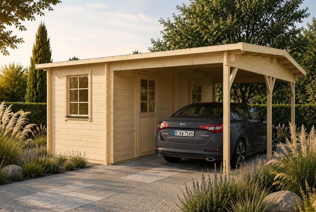 Carport 1 voiture bois brut NOTOS - double pente - 2 pièces - 10,74 m² + 15,60 m² - 44 mm