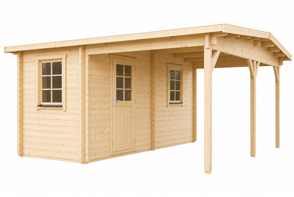 Carport 1 voiture bois brut NOTOS - double pente - 2 pièces - 10,74 m² + 15,60 m² - 44 mm