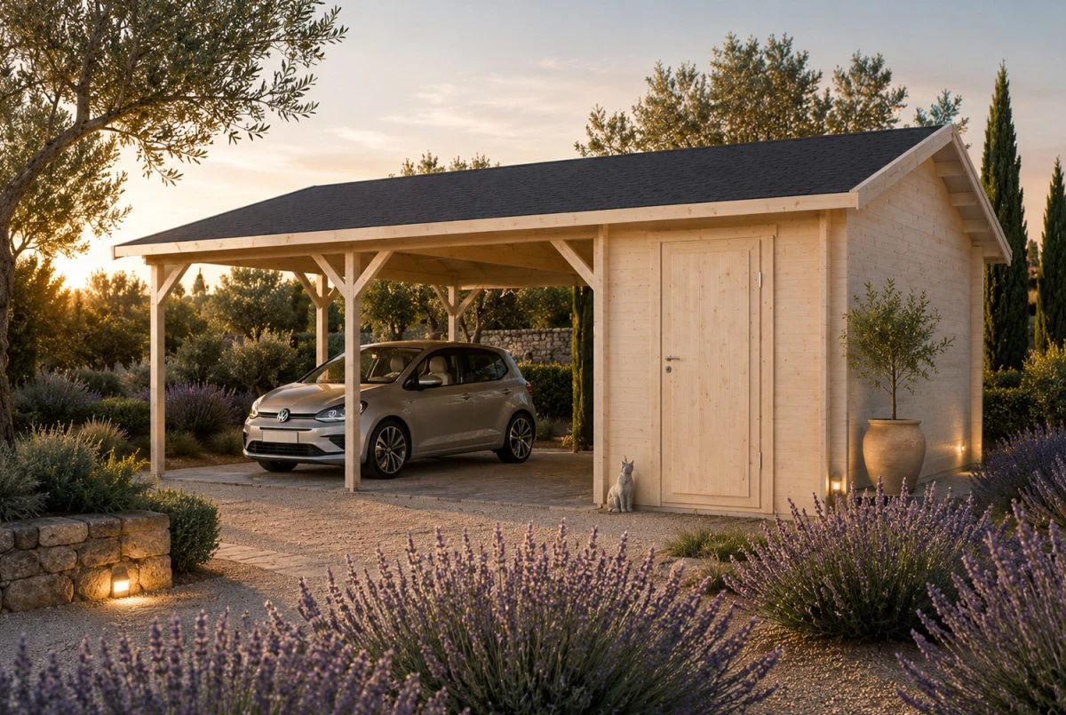 Carport 2 voitures bois brut avec remise PONANT - Toit double pente - 30,70 m² + 10,68 m² - Madriers 44 mm