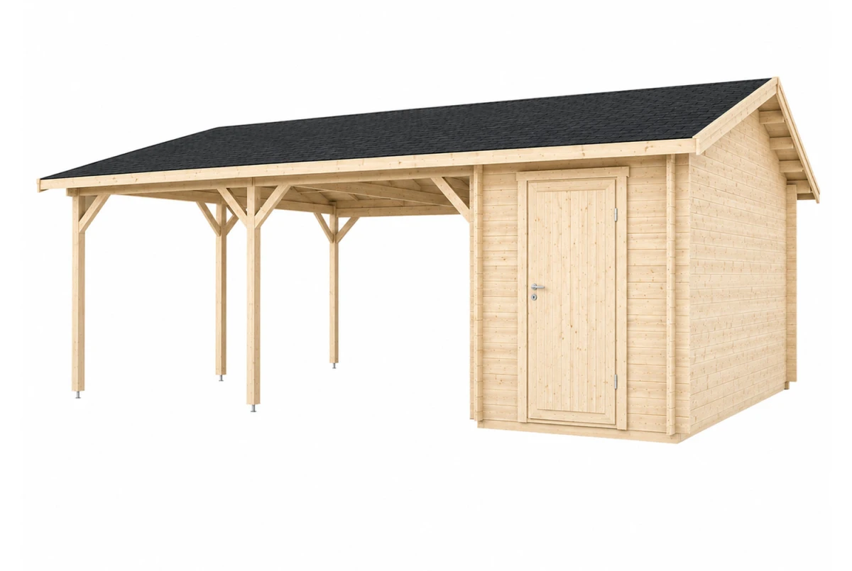 Carport 2 voitures bois brut avec remise PONANT - Toit double pente - 30,70 m² + 10,68 m² - Madriers 44 mm