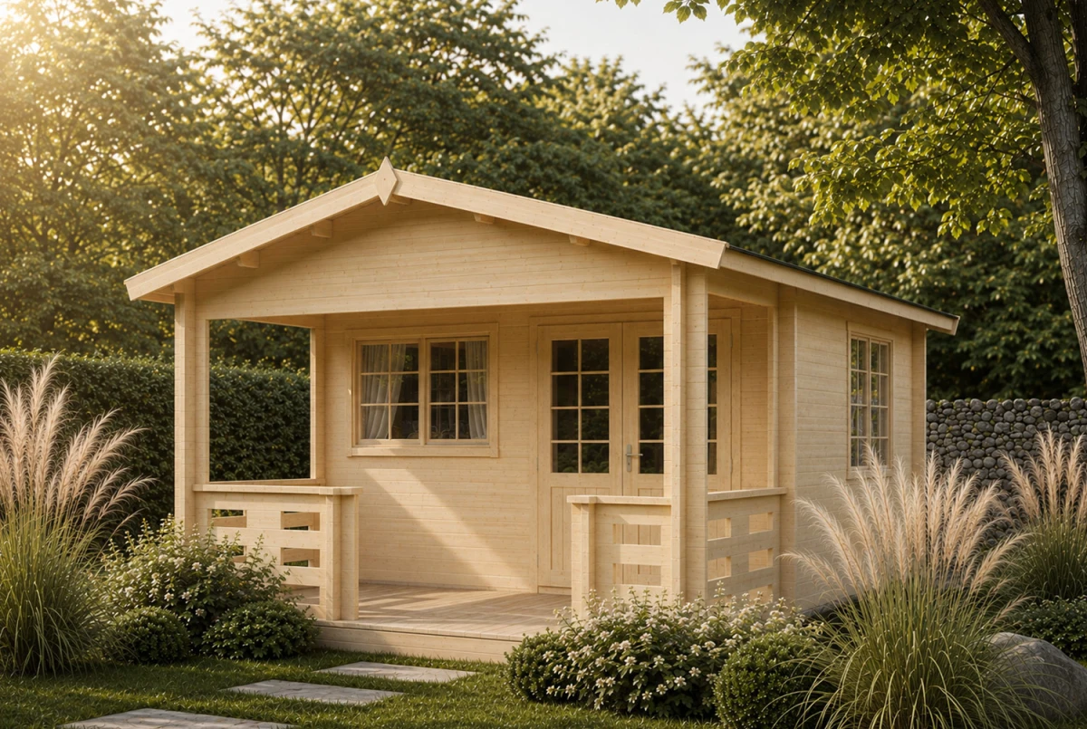 Abri de jardin bois brut SIGNATURE H - Toit double pente - 2 pièces - 13,65 m² avec terrasse 5,77 m² - Madriers 44 mm