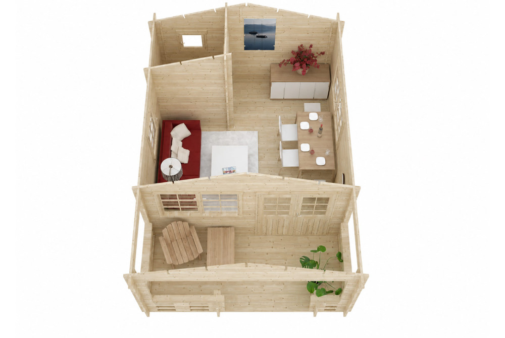 Abri de jardin bois brut SIGNATURE H - Toit double pente - 2 pièces - 13,65 m² avec terrasse 5,77 m² - Madriers 44 mm
