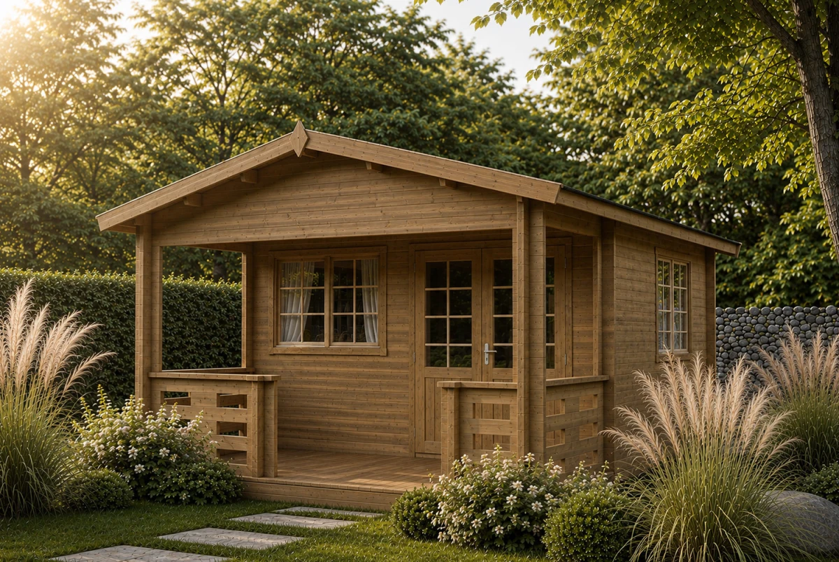 Abri de jardin bois autoclave SIGNATURE H - Toit double pente - 2 pièces - 13,65 m² avec terrasse 5,77 m² - Madriers 44 mm