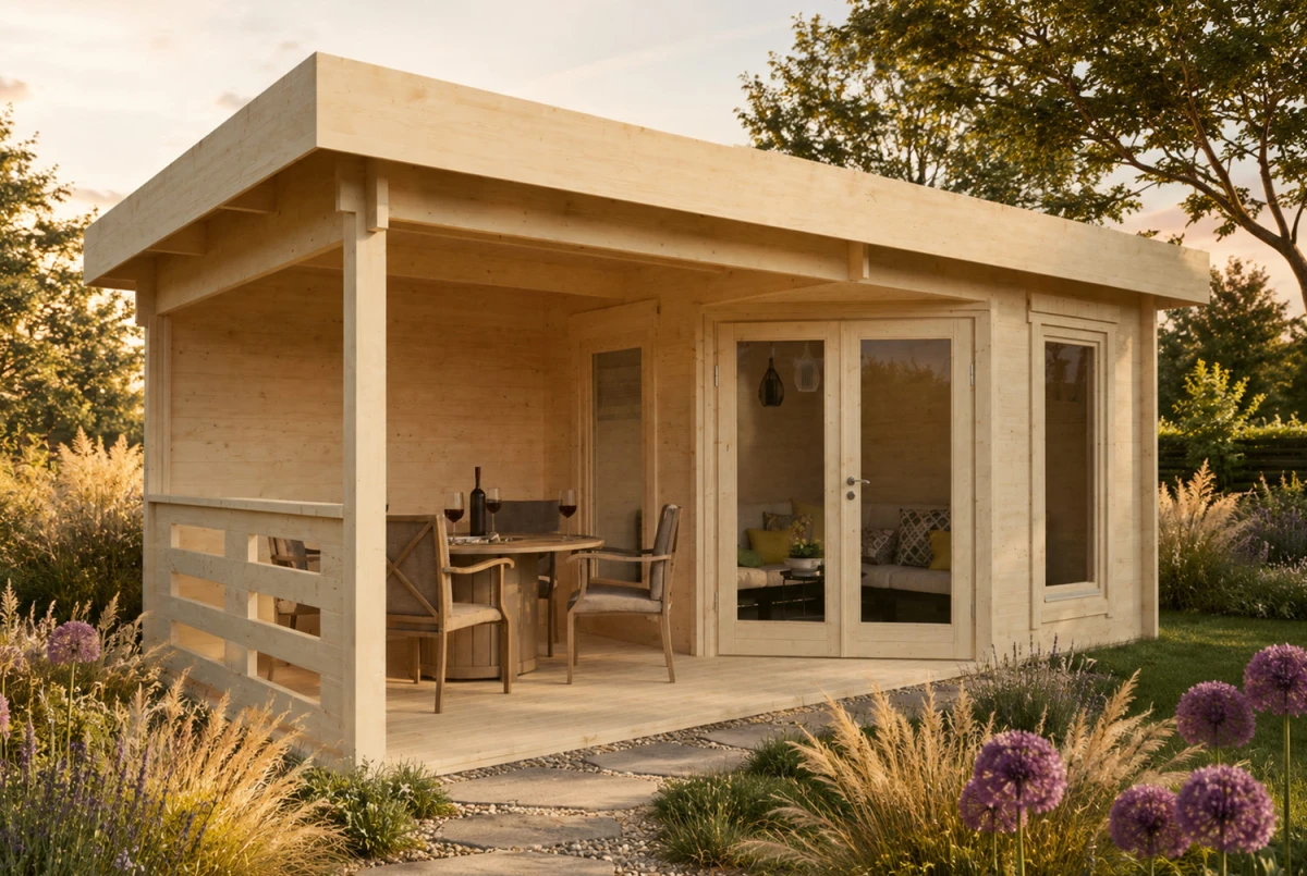 Abri de jardin bois brut NOVA D - Toit plat avec auvent - 7,98 m² + 8,52 m² - Madriers 44 mm