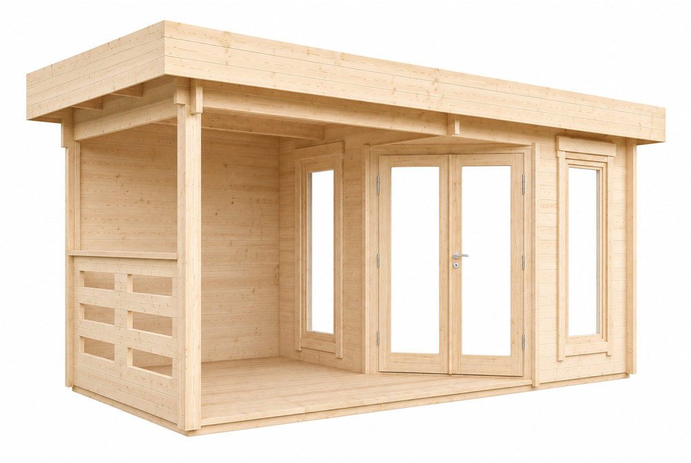 Abri de jardin bois brut NOVA D - Toit plat avec auvent - 7,98 m² + 8,52 m² - Madriers 44 mm