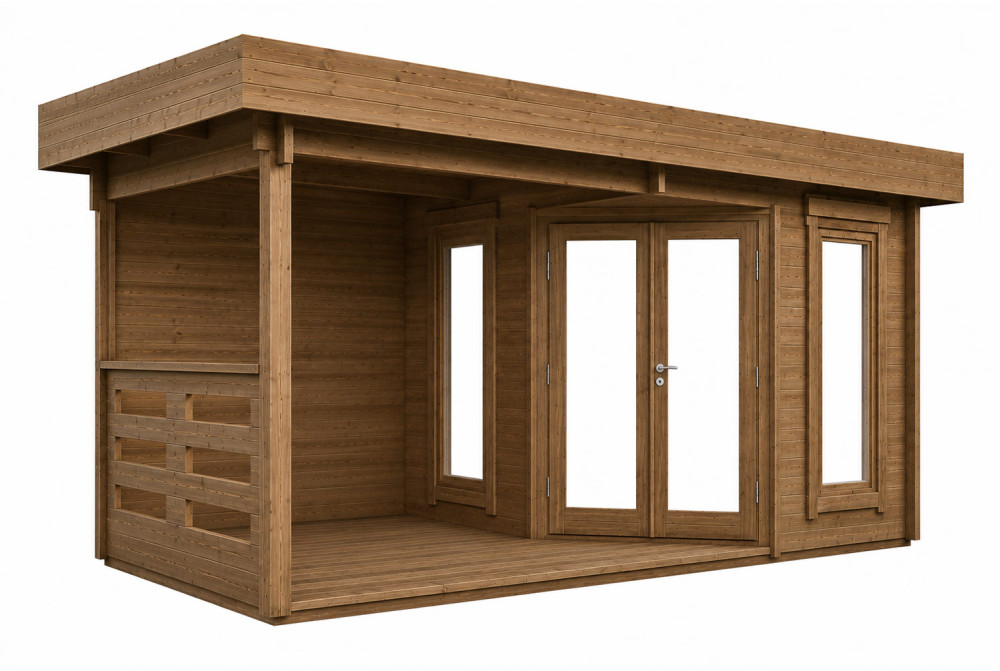 Abri de jardin bois traité autoclave NOVA D - Toit plat avec auvent - 7,98 m² + 8,52 m² - Madriers 44 mm