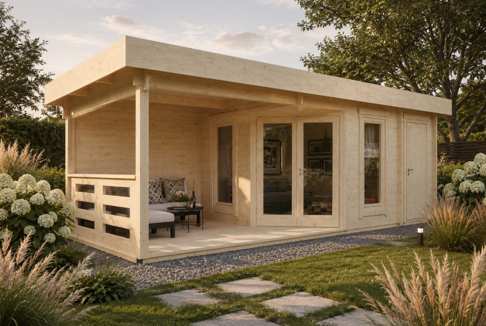 Abri de jardin bois brut NOVA E - Toit plat avec auvent - 2 pièces - 12,22m ² + 7,73 m² - Madriers 44 mm