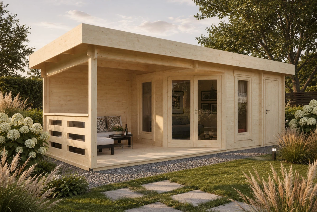 Abri de jardin bois brut NOVA E - Toit plat avec auvent - 2 pièces - 12,22m ² + 7,73 m² - Madriers 44 mm