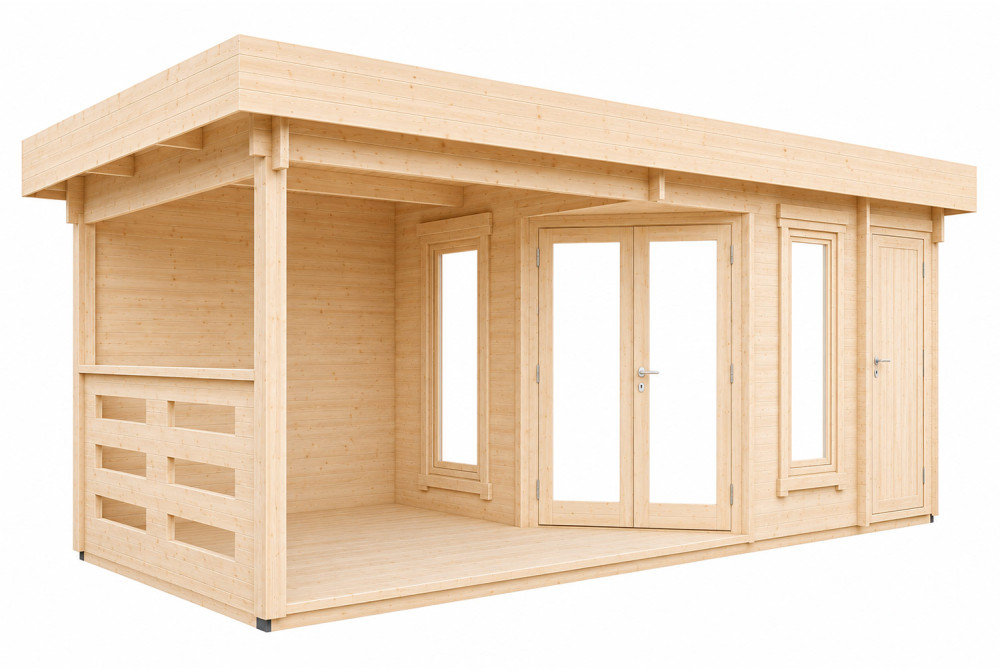 Abri de jardin bois brut NOVA E - Toit plat avec auvent - 2 pièces - 12,22m ² + 7,73 m² - Madriers 44 mm