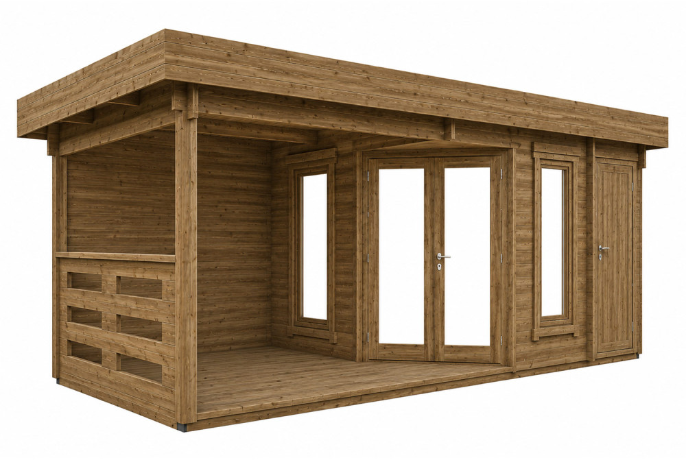 Abri de jardin bois traité autoclave NOVA E - Toit plat avec auvent - 2 pièces - 12,22 m² + 7,73 m² - Madriers 44 mm