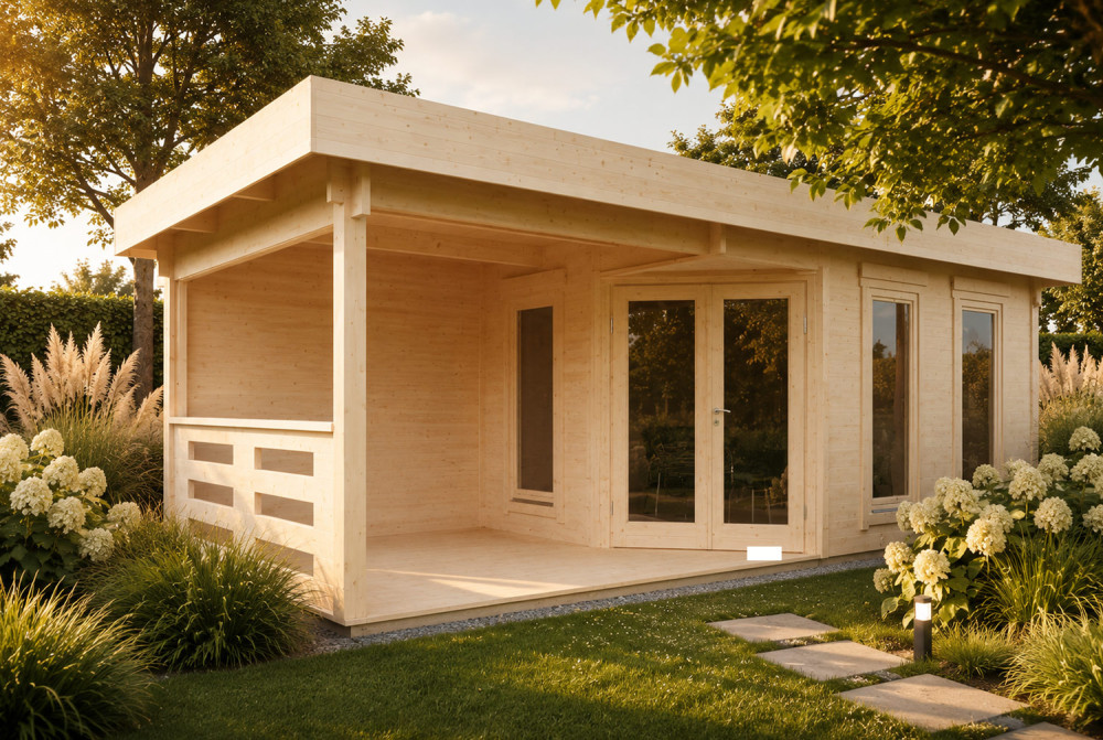 Abri de jardin bois brut NOVA F - Toit plat avec auvent - 12,35 m² + 8,52 m² - Madriers 44 mm