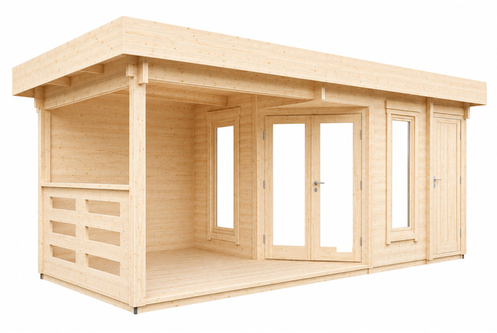 Abri de jardin bois brut NOVA F - Toit plat avec auvent - 12,35 m² + 8,52 m² - Madriers 44 mm