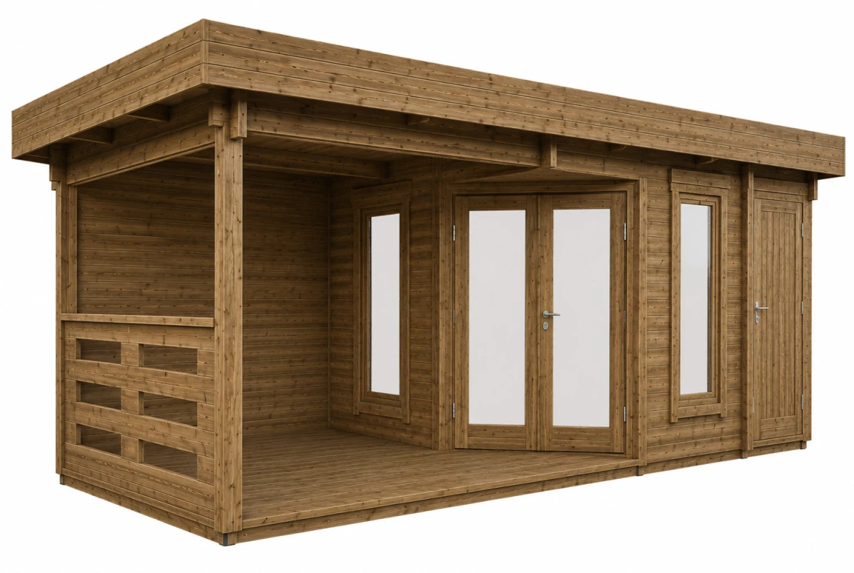 Abri de jardin bois traité autoclave NOVA F - Toit plat avec auvent - 12,35 m² + 8,52 m² - Madriers 44 mm
