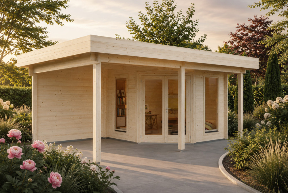 Abri de jardin bois brut NOVA G - Toit plat avec auvent - 7,98 m² + 8,23 m² - Madriers 44 mm