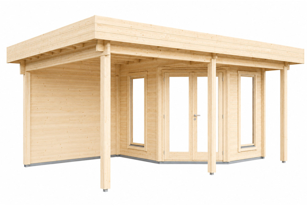 Abri de jardin bois brut NOVA G - Toit plat avec auvent - 7,98 m² + 8,23 m² - Madriers 44 mm