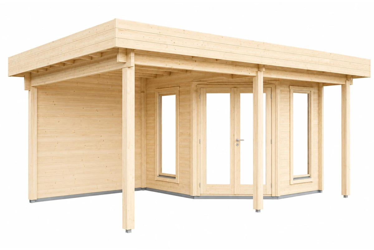 Abri de jardin bois brut NOVA G - Toit plat avec auvent - 7,98 m² + 8,23 m² - Madriers 44 mm