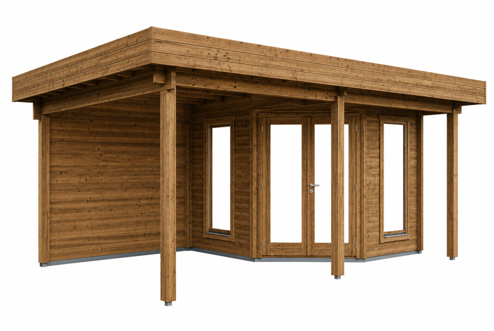 Abri de jardin bois traité autoclave NOVA G - Toit plat avec auvent - 7,98 m² + 8,23 m² - Madriers 44 mm