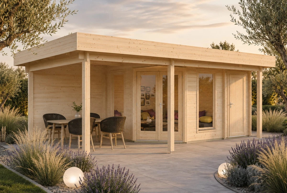 Abri de jardin bois brut NOVA H - Toit plat avec auvent - 2 pièces - 12,22 m² + 8,23 m² - Madriers 44 mm