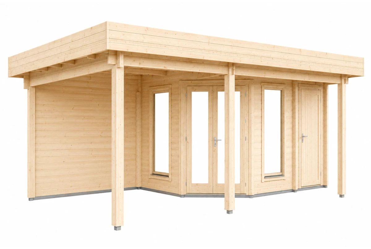 Abri de jardin bois brut NOVA H - Toit plat avec auvent - 2 pièces - 12,22 m² + 8,23 m² - Madriers 44 mm