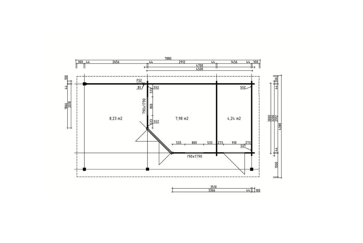 Abri de jardin bois traité autoclave NOVA H - Toit plat avec auvent - 2 pièces - 12,22m² + 8,23 m² - Madriers 44 mm