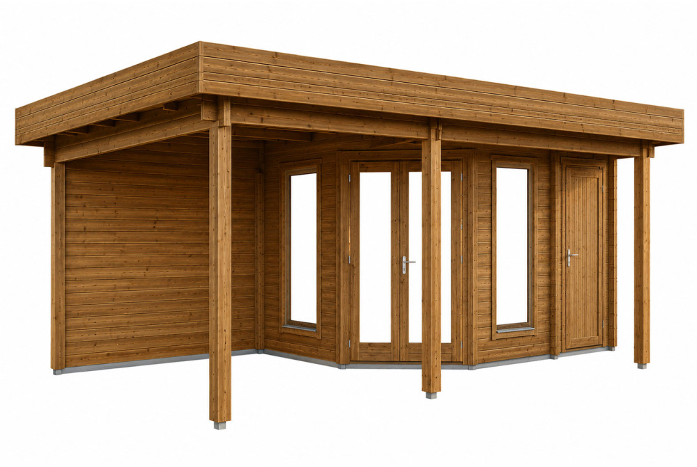 Abri de jardin bois traité autoclave NOVA H - Toit plat avec auvent - 2 pièces - 12,22m² + 8,23 m² - Madriers 44 mm