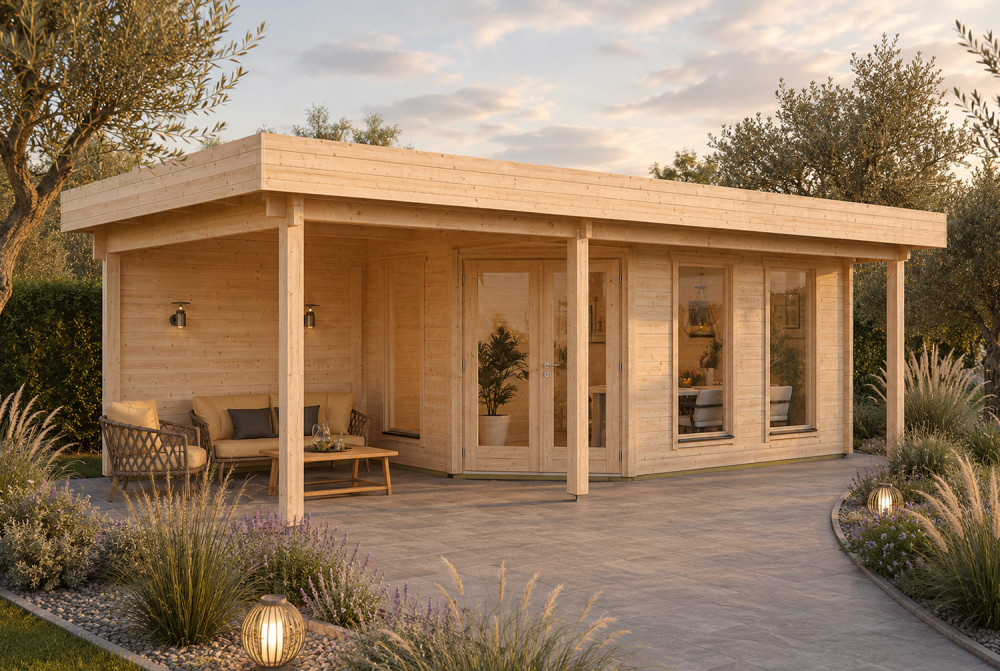 Abri de jardin bois brut NOVA I - Toit plat avec auvent - 12,35 m² + auvent 8,23 m² - Madriers 44 mm