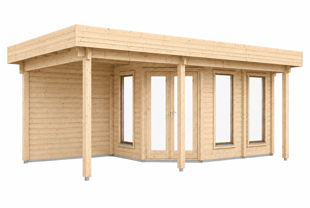 Abri de jardin bois brut NOVA I - Toit plat avec auvent - 12,35 m² + auvent 8,23 m² - Madriers 44 mm