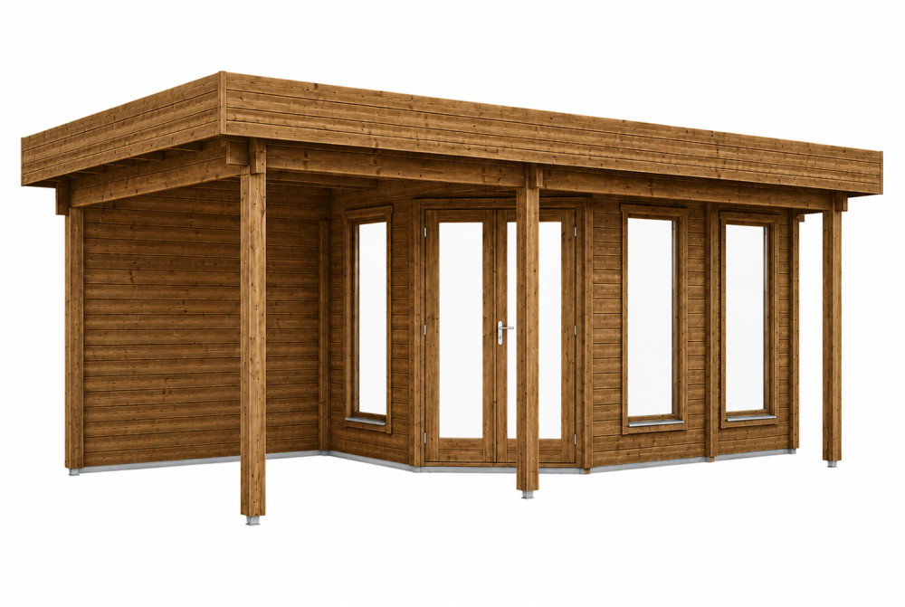Abri de jardin bois traité autoclave NOVA I - Toit plat avec auvent - 12,35 m² + auvent 8,23 m² - Madriers 44 mm