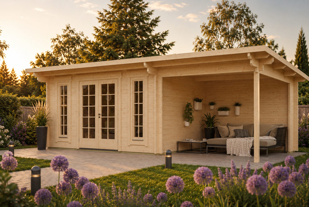 Abri de jardin bois brut CANOPÉE 44 B3 - Toit monopente avec auvent - 11,97 m² + auvent 7,31 m² - Madriers 44 mm