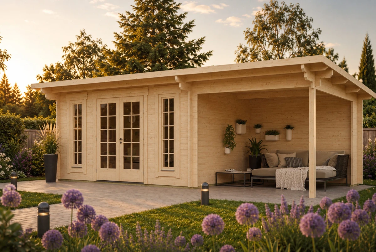 Abri de jardin bois brut CANOPÉE 44 B3 - Toit monopente avec auvent - 11,97 m² + auvent 7,31 m² - Madriers 44 mm